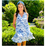 Blue & White Ruffle Trim Toile Print Hallie Dress