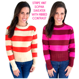 Burgundy & Pink or Orange & Beige Stripe Knit Sophia Sweater with Ribbed Contrast