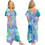 Purple Hydrangea Print Puff Sleeve Jardin Dress with Smocked Tie Back