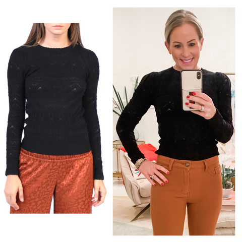 Black Pointelle Patterned Fine Knit Shirred Shoulder Sweater with Micro Scalloped Neckline & Banded Waist