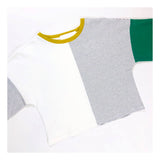 Oatmeal Dolman Top with Light Grey Biased Stripes & Contrast Marigold Trim & Kelly Green Sleeve Accent