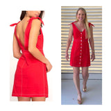 Watermelon Button Down Dress with Shoulder Ties & Contrast Stitching