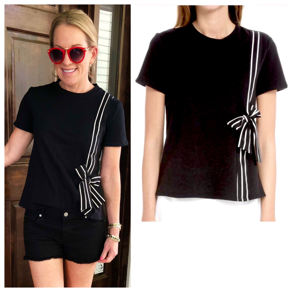 Black Short Sleeve Knit Top with Black & White Vertical Ribbon Bow