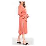 Mandarin Sheen Pleated Midi Faux Wrap Dress with Self Tie Sash & Ruffle Puff Sleeves