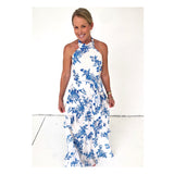 Blue & White Chinoiserie Print Layered Chiffon Halter Maxi Dress with Bow Tie Open Back & Self Tie Belted Waist