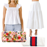 White Floral Textured Balloon Sleeve Murielle Top & Smocked Skirt with Pockets (sold separately)