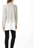Taupe and Off White Contrast Layer Knit Sweater with Fringe Detail
