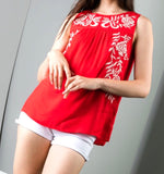 VIBRANT Red Embroidered Sleeveless Top