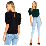 Emerald Green, White, Camel OR Black Shirred Puff Sleeve Blouse with Keyhole Back