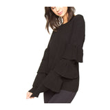 Black Fine Knit Sweater with Ribbed Tiered Ruffle Contrast &  Banded Waist