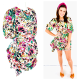 Ivory Green Magenta Multi Floral Puff Sleeve Ruched Dress with Asymmetrical Front Ruffle