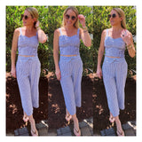 Blue White Seersucker Smocked Top & Cropped Palazzo Pants with Tie Waist - Matching Set (Sold Together)