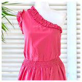 Coral One Shoulder Ruffle Trim Dress with Smocked Waist