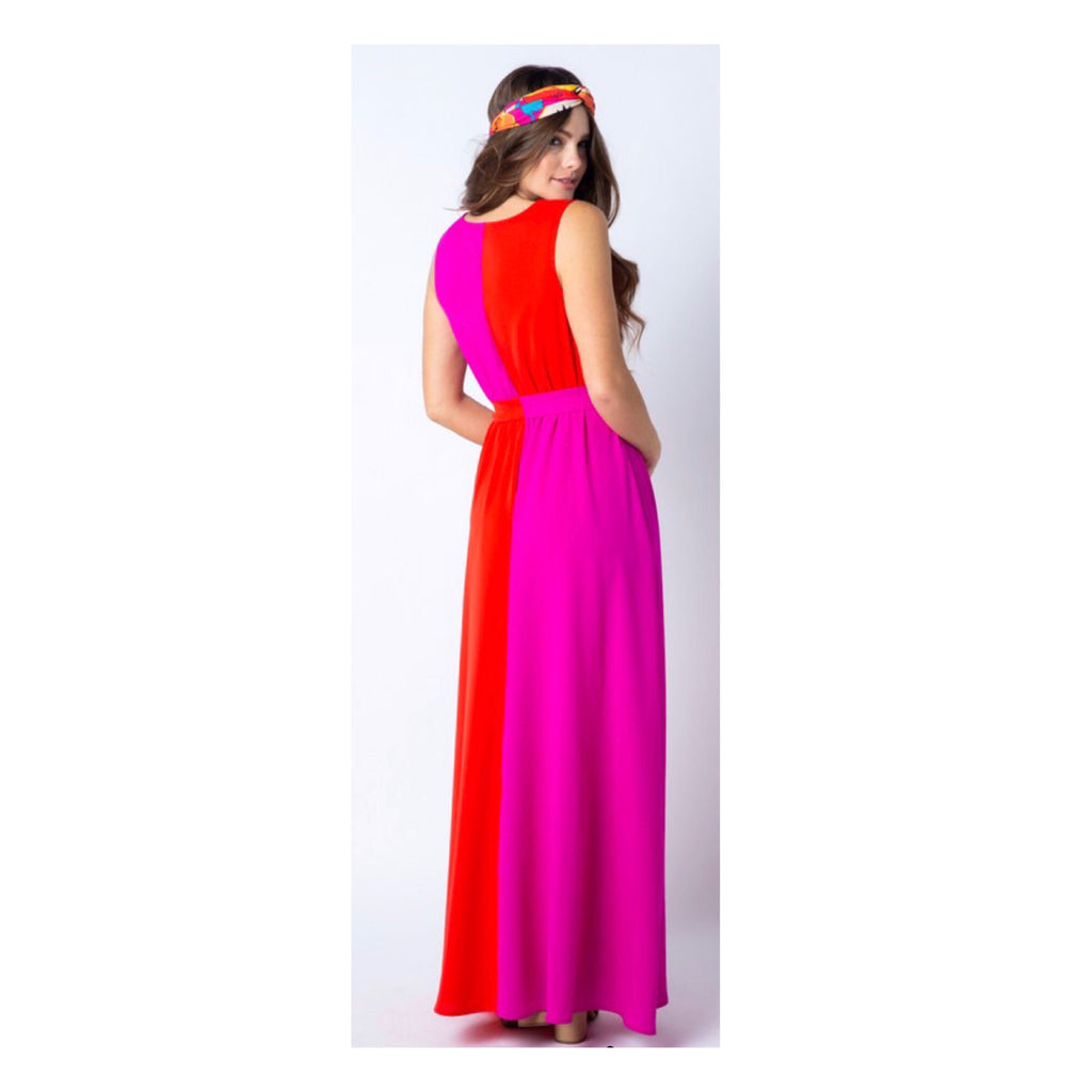 Red & Fuchsia Colorblock Maxi Dress with Self Tie Belt - James Ascher
