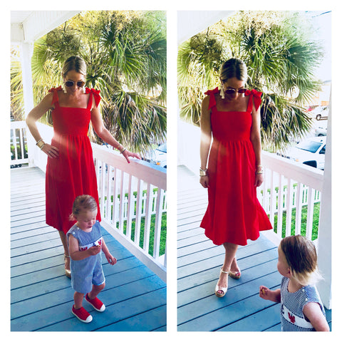 Tomato Red Smocked A-Line Midi Dress with Shoulder Ties