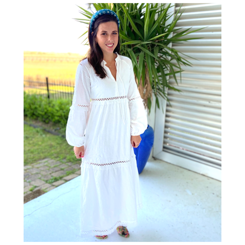 White Lia Linen Dress with Puff Sleeves & Fringe Detail