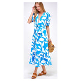 Azure Blue & White Puff Sleeve Resort Dress with Bow Front