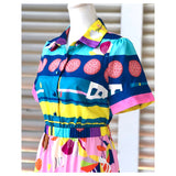 Pink Blue Multi Abstract Print Button Down Ruffle Hem Maxi Dress with Optional Belt