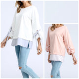 Blush Pink OR White Tie Sleeve Top with Contrast SEERSUCKER Shirttail Hem (Throw on over shorts @ Beach/on Boat!)