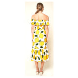 Lemon Print On or Off the Shoulder Ruffle Hem Midi Dress with Smocked Bodice