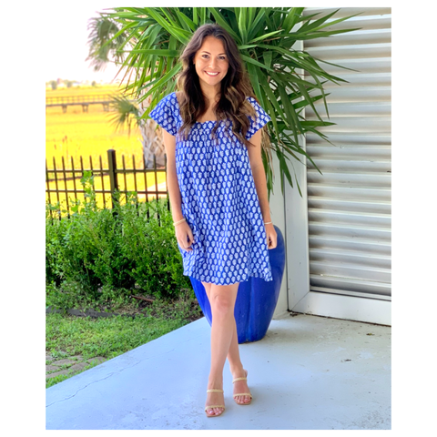Blue Block Printed Brynn Dress with Pockets