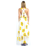 White Sunflower Print Swiss Dot Chiffon Hi-Lo Dress with Crisscross Flutter Back