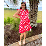 Red Daisy Cotton Ramie Dress with Pockets