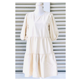 Black or Ivory LEATHER Puff Sleeve Dress with Tiered Ruffle Hem, POCKETS & Keyhole Back