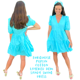 Turquoise Poplin Cotton Layered Hem Sandy Swing Dress with Pockets