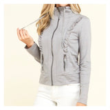 Black or Light Grey Ruffle Front Knit Zip Up Jacket with Pockets