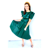 Emerald Green Leather Pleated Midi Skirt & Bow Back Puff Sleeve Top SET