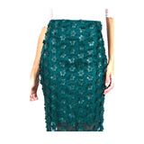 Green Midi Pencil Skirt with Flower Appliqués, Sheer Overlay & Exposed Gold Zipper