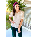 Sequin Ruched Puff Sleeve Blouse with Keyhole Back