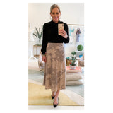 Taupe & Gold Shimmer Leopard A-Line Satin Midi Skirt with Elasticized Waist
