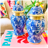 Chinoiserie Garden Party Ginger Jar + Staffies Chang Mai Gold Bamboo Tray