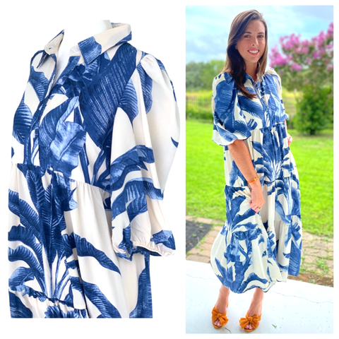 Blue Palm Puff Sleeve Newport Dress