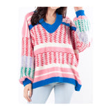 Pink Blue & Green Balloon Sleeve V-Neck Sweater