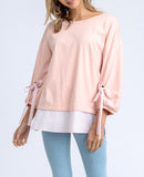 Blush Pink OR White Tie Sleeve Top with Contrast SEERSUCKER Shirttail Hem (Throw on over shorts @ Beach/on Boat!)