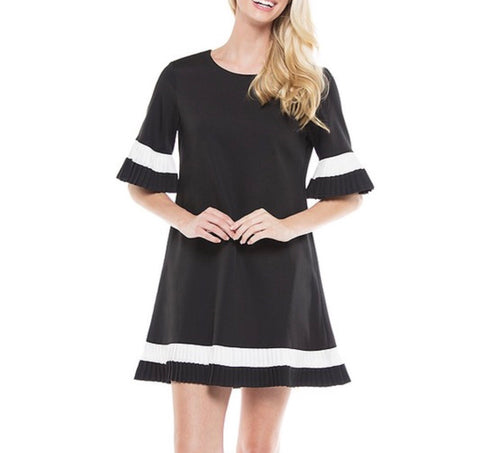 Black & Ivory Accordion Pleated Bell Sleeve Shift Dress with Back Zip