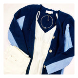Navy Blue Button Front Cardigan with Blue Pinstripe Shirttail Contrast