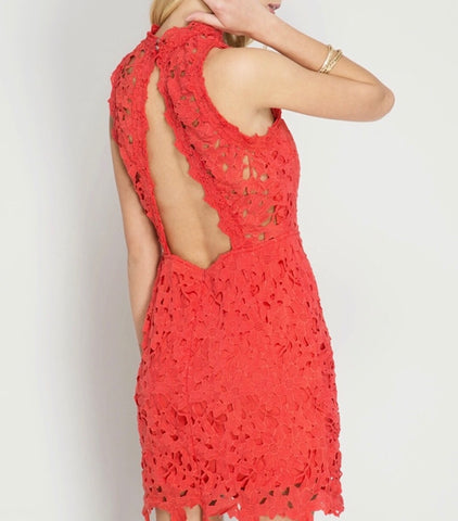 Tomato Red Sleeveless Lace Dress with Teardrop Open Back