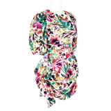 Ivory Green Magenta Multi Floral Puff Sleeve Ruched Dress with Asymmetrical Front Ruffle