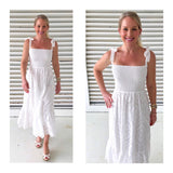 White Eyelet Smocked Ruffle Hem Midi Dress with Shoulder Ties