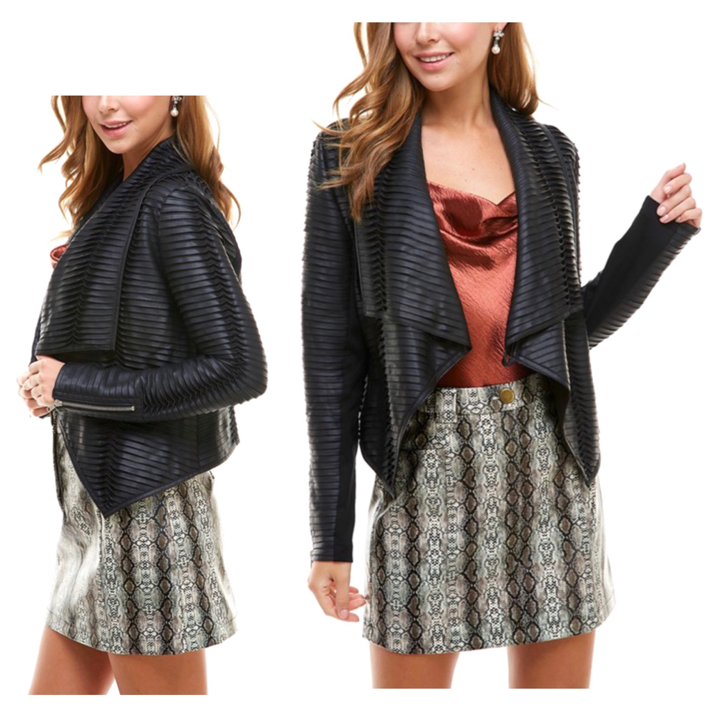 Black Pleated PU Leather Open Front Jacket with Zipper Sleeves
