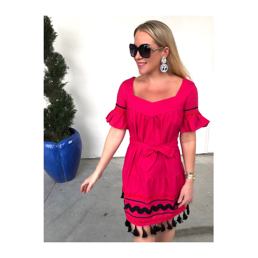 Magenta Bell Sleeve Belted Dress with Ric Rac Embroidery & Tassel Hem ...
