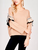 Taupe Knit Sweater with Black Ruffle Sleeve and Ribbon Detail