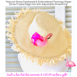 Natural Feathered & Embroidered Flamingo Paper Straw Frayed Edge Hat with Adjustable Drawstring