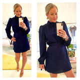 Navy Satin Mock Neck A-Line Belted Dress with Keyhole Back & Bow Tie Sleeves