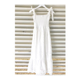 White Eyelet Smocked Ruffle Hem Midi Dress with Shoulder Ties