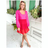 Red & Pink Long SleeveTiered Hem Stalvey Dress